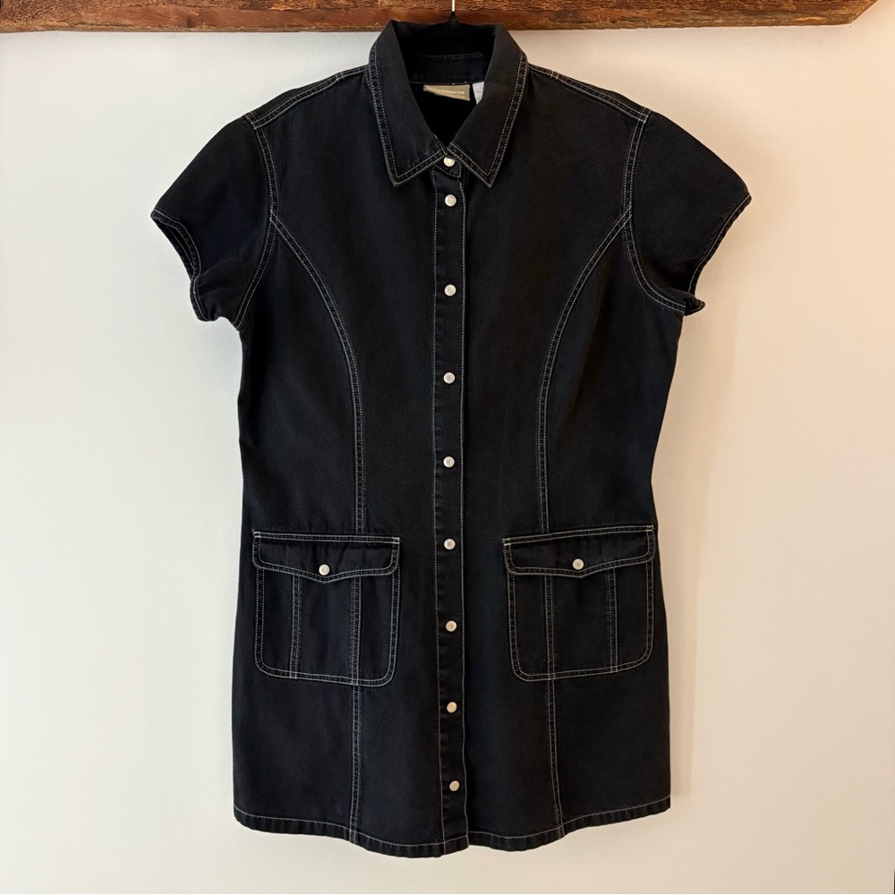 Liz Claiborne—Liz Wear Vintage Y2K Black Denim Snap Button Dress, Cap Sleeves